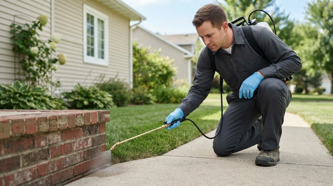 Pest control technician treating a home near Fairfield, ND