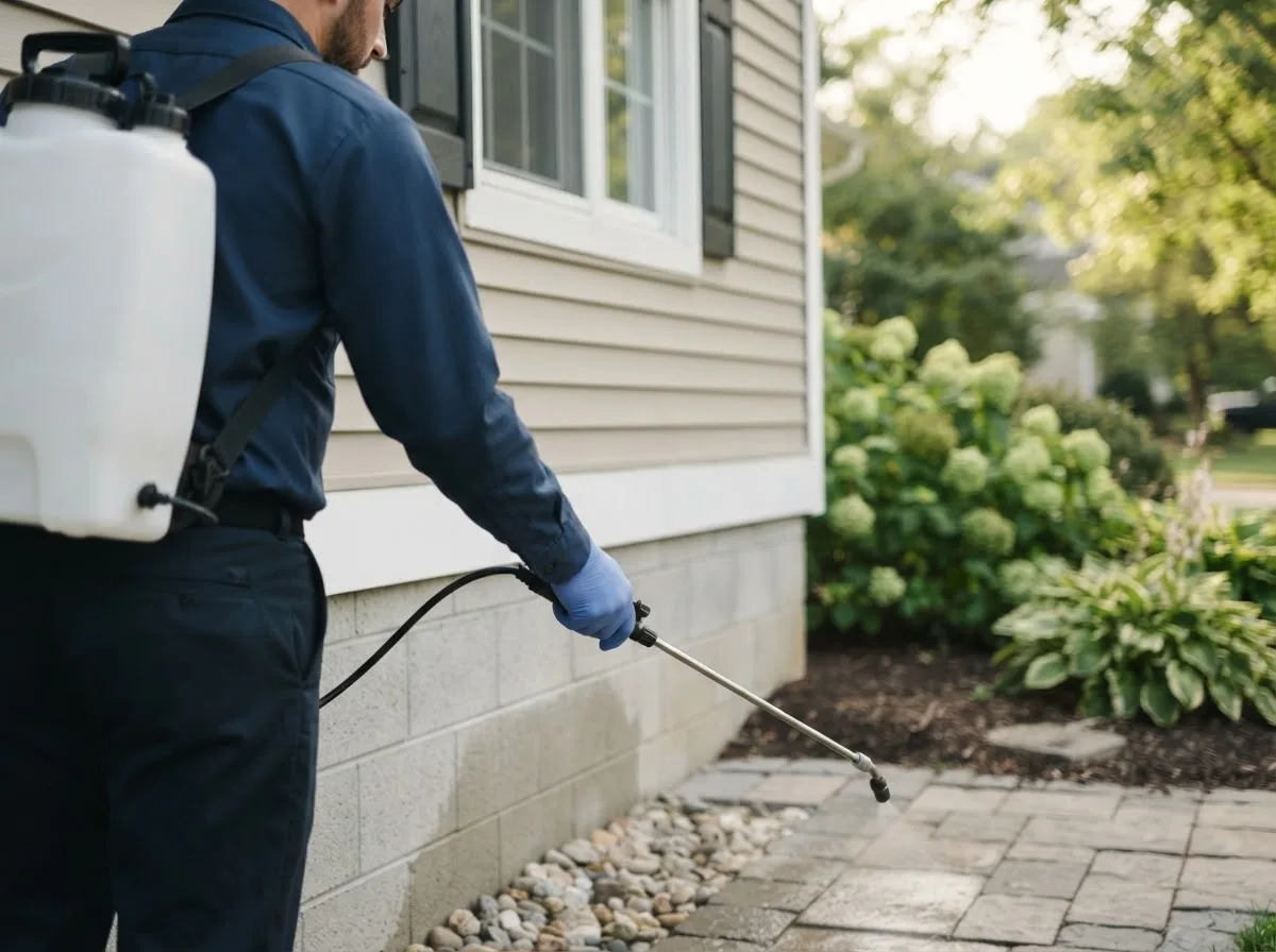 Pest control technician inspecting a home in Fairfield, ND